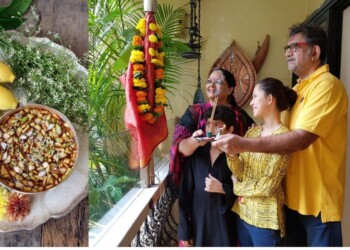 A Telugu family in India mark Ugadhi, an equivalent to the Tamil New Year, Vishu and Vaisakhi.