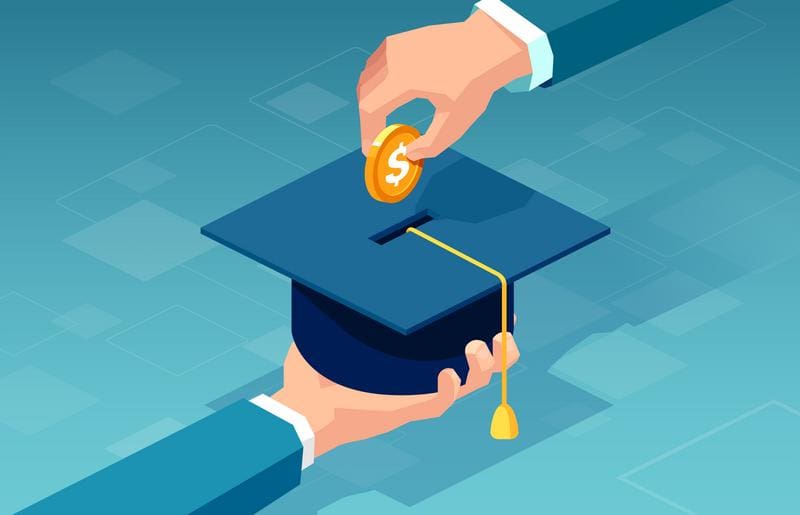 Vector of a man paying for his education making a dollar coin deposit in graduation cap